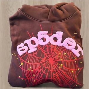 Sp5der Brown Hoodie with Red and Pink Design